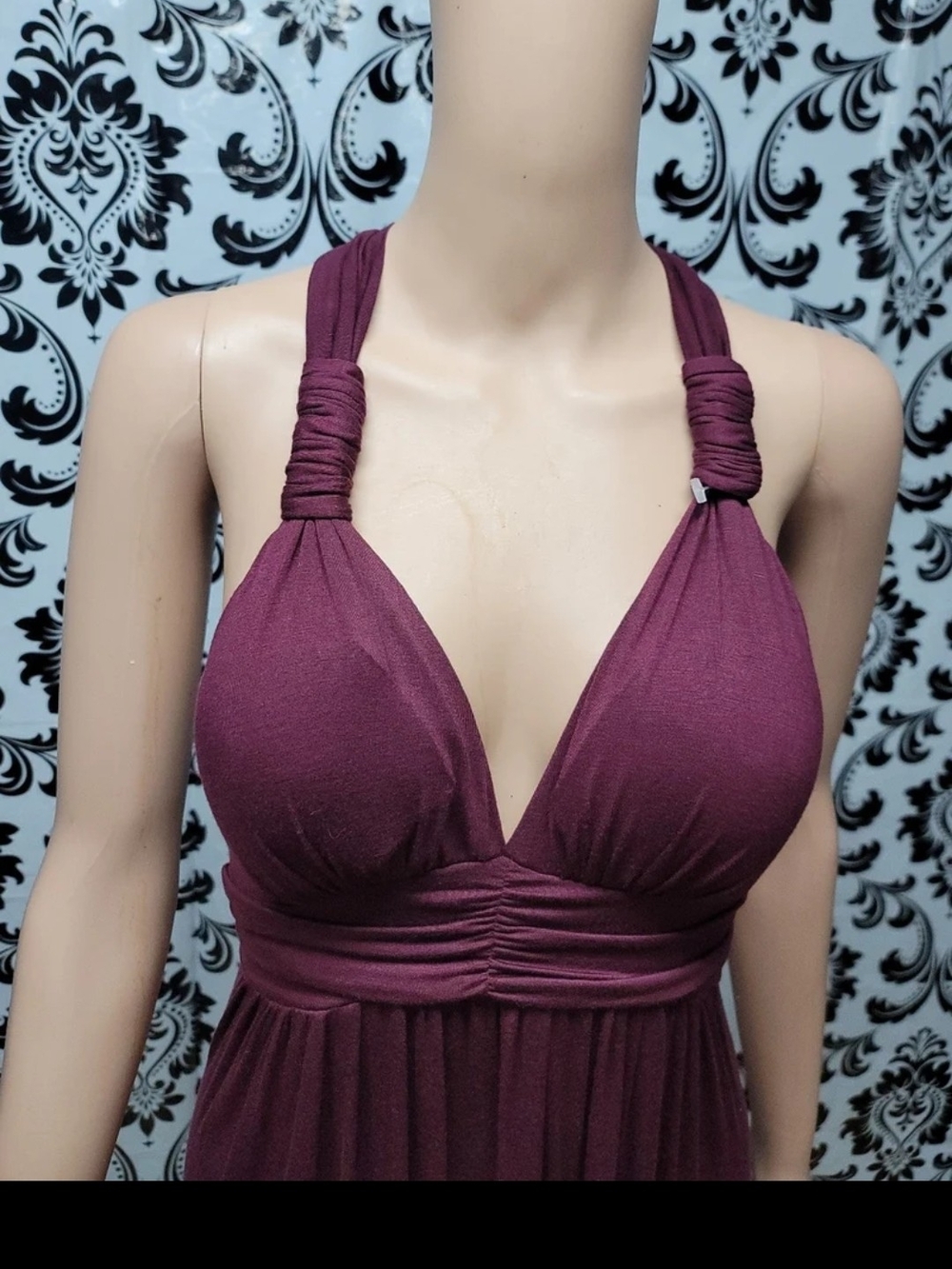 Ruched Halter Empire Midi Dress in Deep Plum - Picture 2 of 5